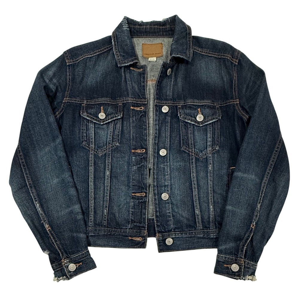 American Eagle Womens Distressed Denim Jacket Dark Wash Size XS W500